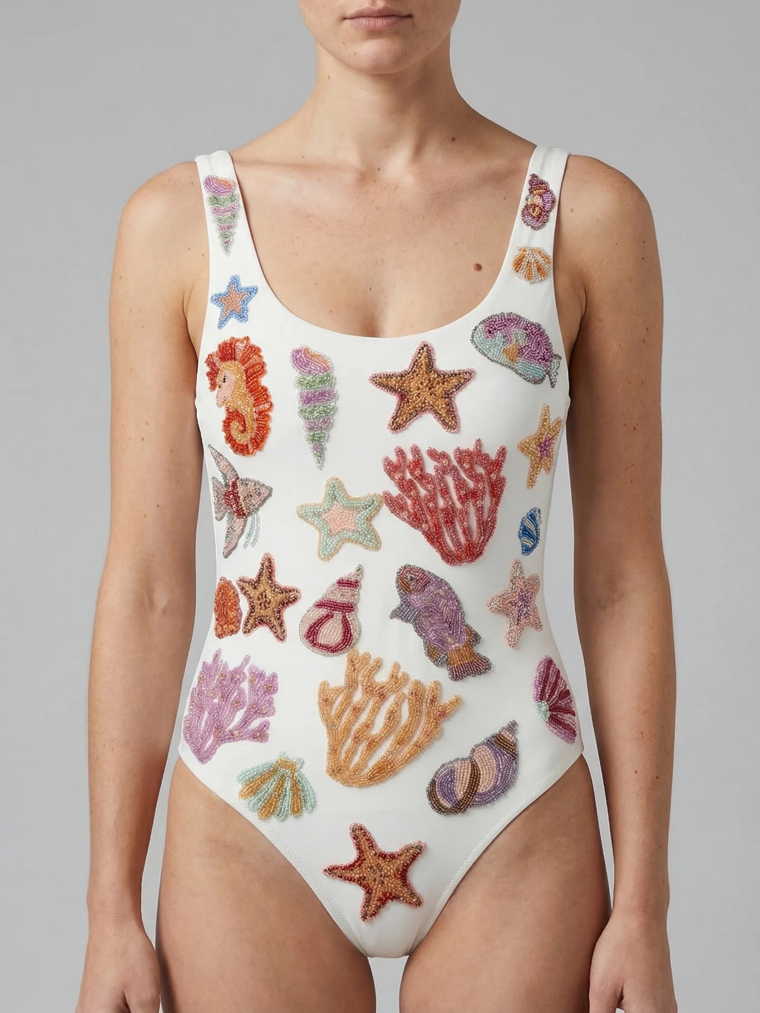 Coral White Beaded Swimsuit
