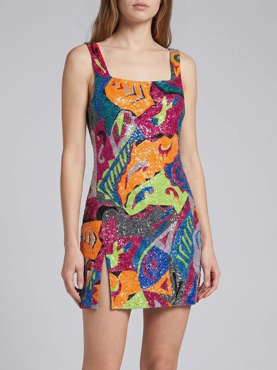 Red Boston Mosaic Beaded Mini Dress