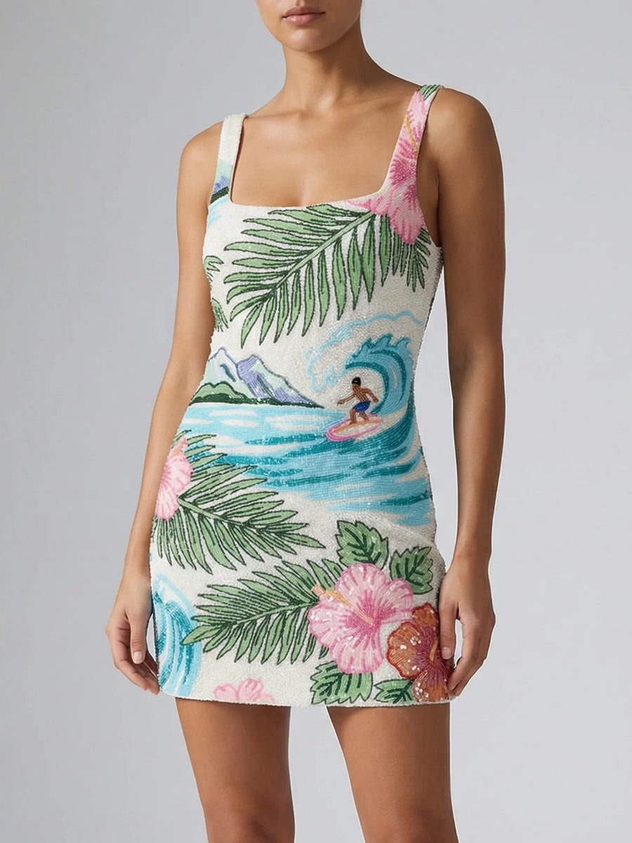 tropical mini dress Tropical Surf Beaded Mini Dress, XS