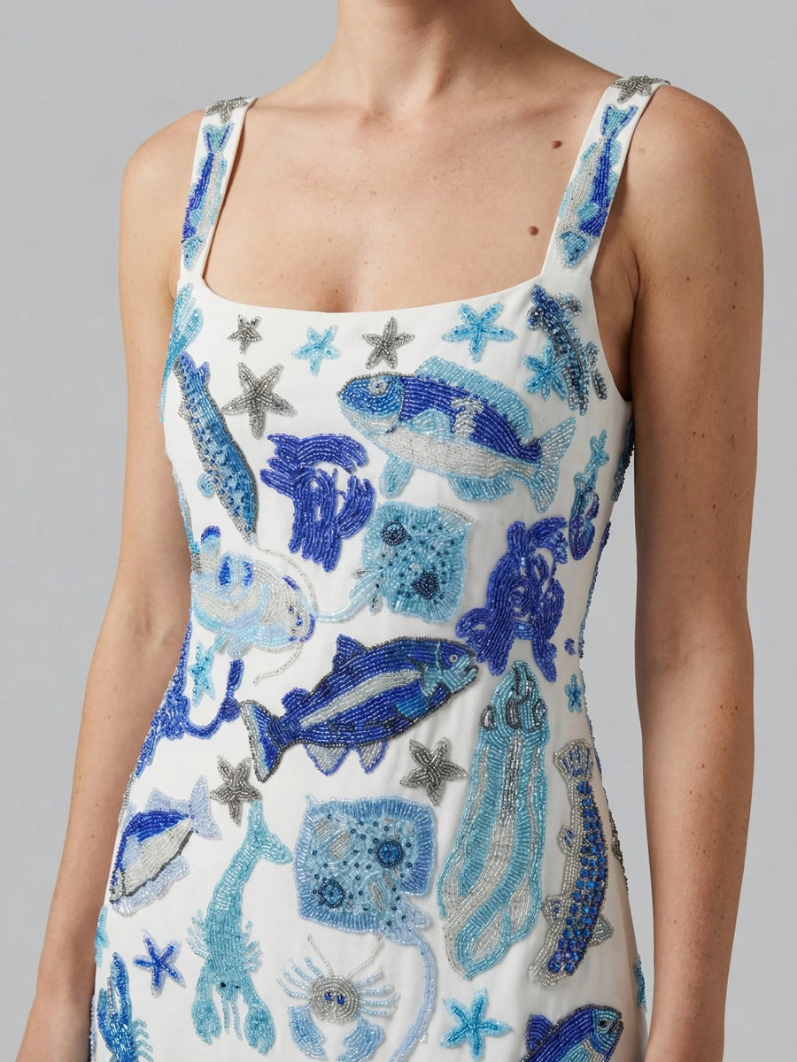 Arizona Blue White Beaded Mini Dress