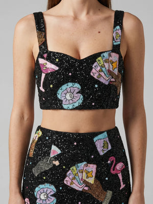 Vegas Beaded Mini Black Party Beach Co-ord Top in Stock