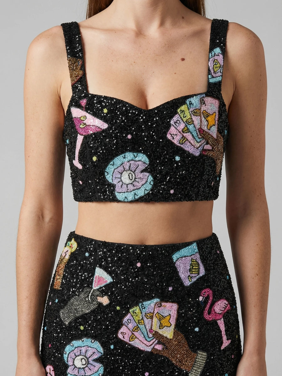 Vegas Beaded Mini Black Party Beach Co-ord Skirt