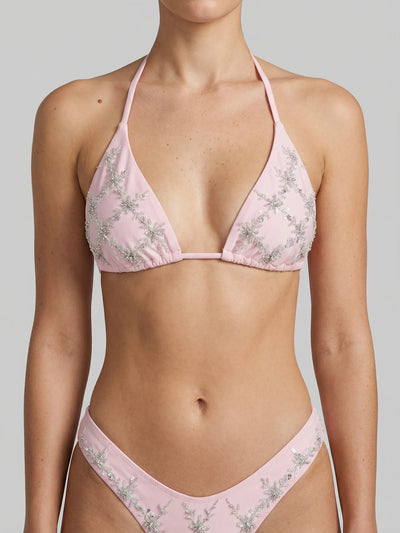 Rose Luxe Self-Tie Hand-Beaded Pink Bikini Top Multi Colour