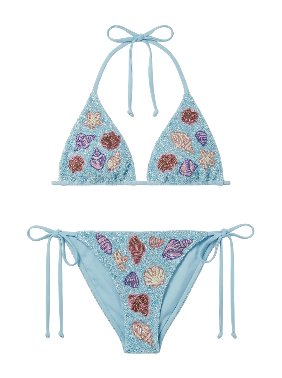 Shell Beaded Bikini Top - Blue