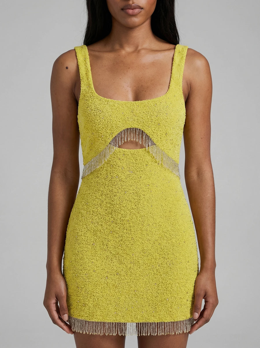 Posy Yellow Beaded Mini Dress