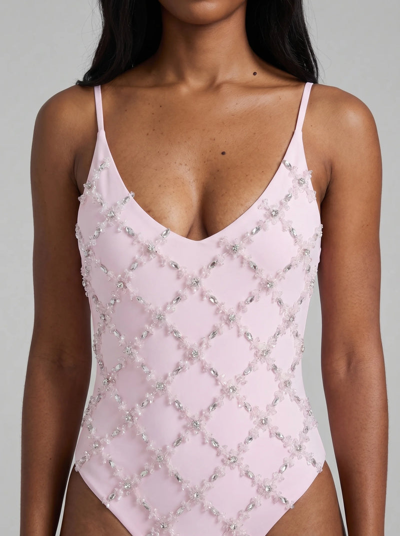 Rose Elegant High Cut Leg Hand-Embroidered Swimsuit in Pink