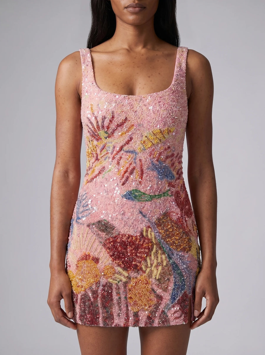Shop Lobster Pink Hand Beaded Midi Dress - Oceanus Shop Lobster Pink Hand Beaded Midi Dress - Oceanus
