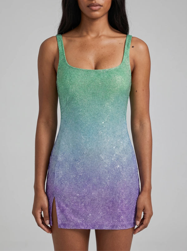 Sofia Hand Beaded Party Dress Green Purple Ombre