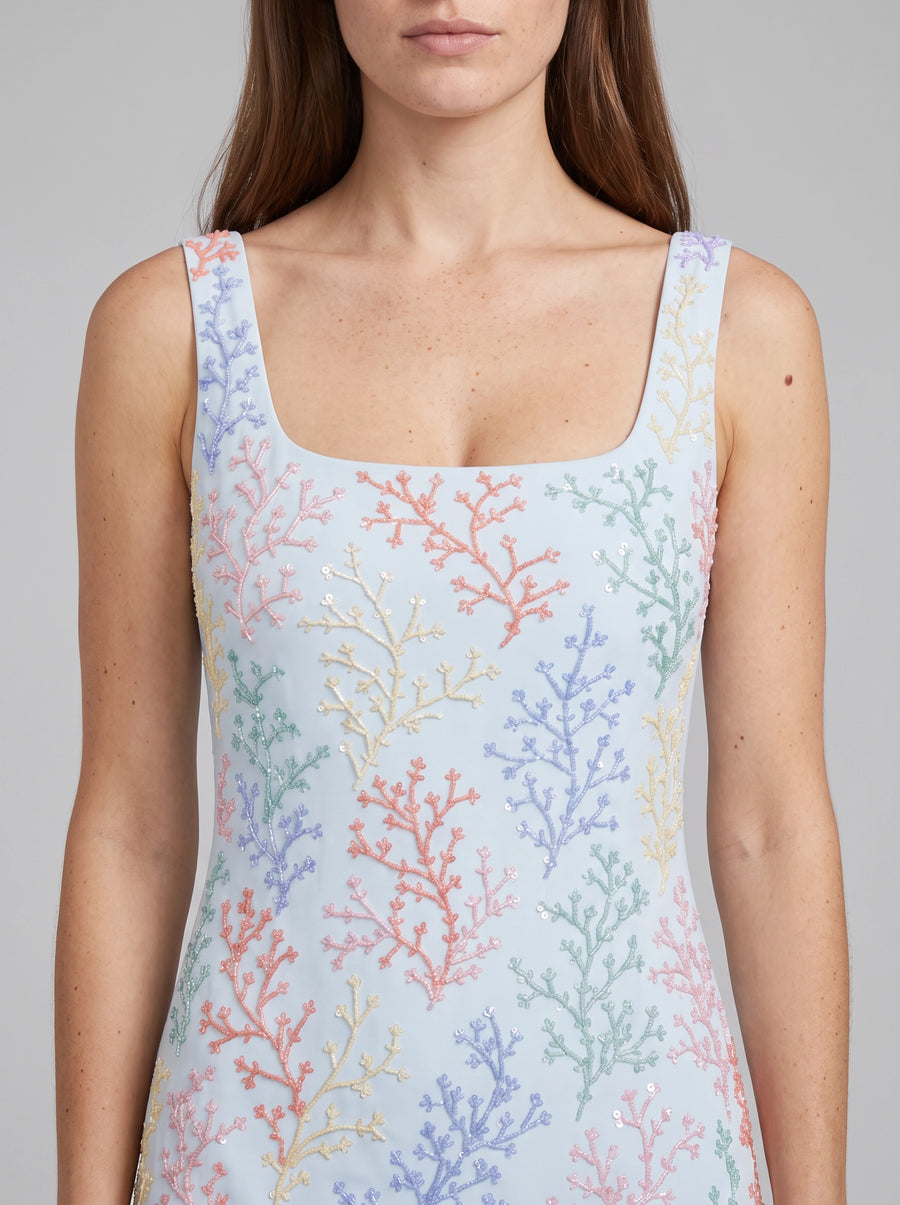 Riviera Coral Hand-Beaded White Mini Dress