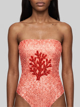 Orange Coral Hand-Beaded Strapless Swimsuit