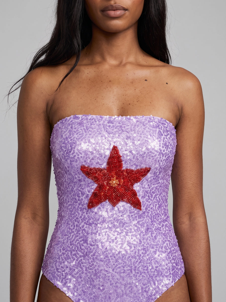 Purple Starfish Hand-Embroidered Sequin Strapless Swimsuit