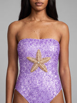 Purple Yellow Starfish Hand-Embroidered Sequin Strapless Swimsuit