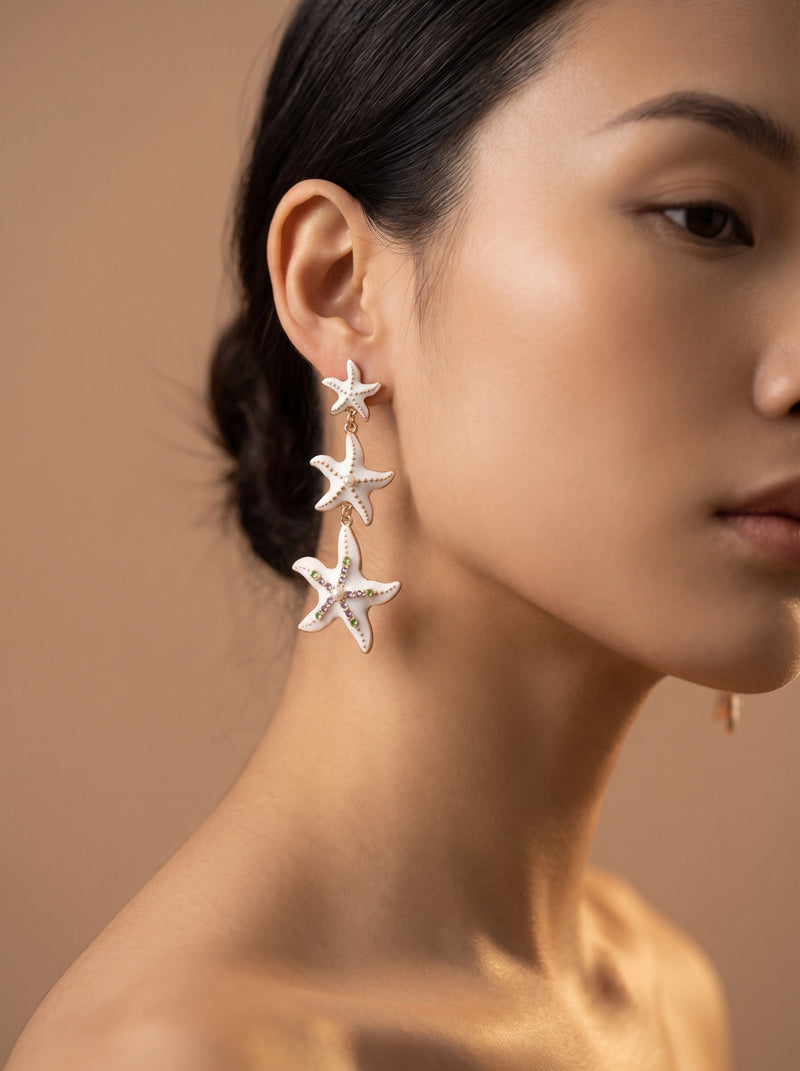 Triple White Starfish with Pearl Earrings