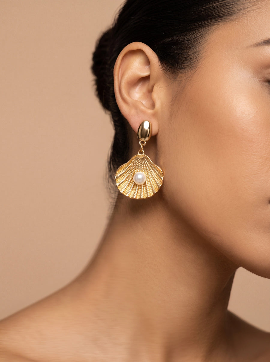 Gold Seashell with White Pearl Earrings