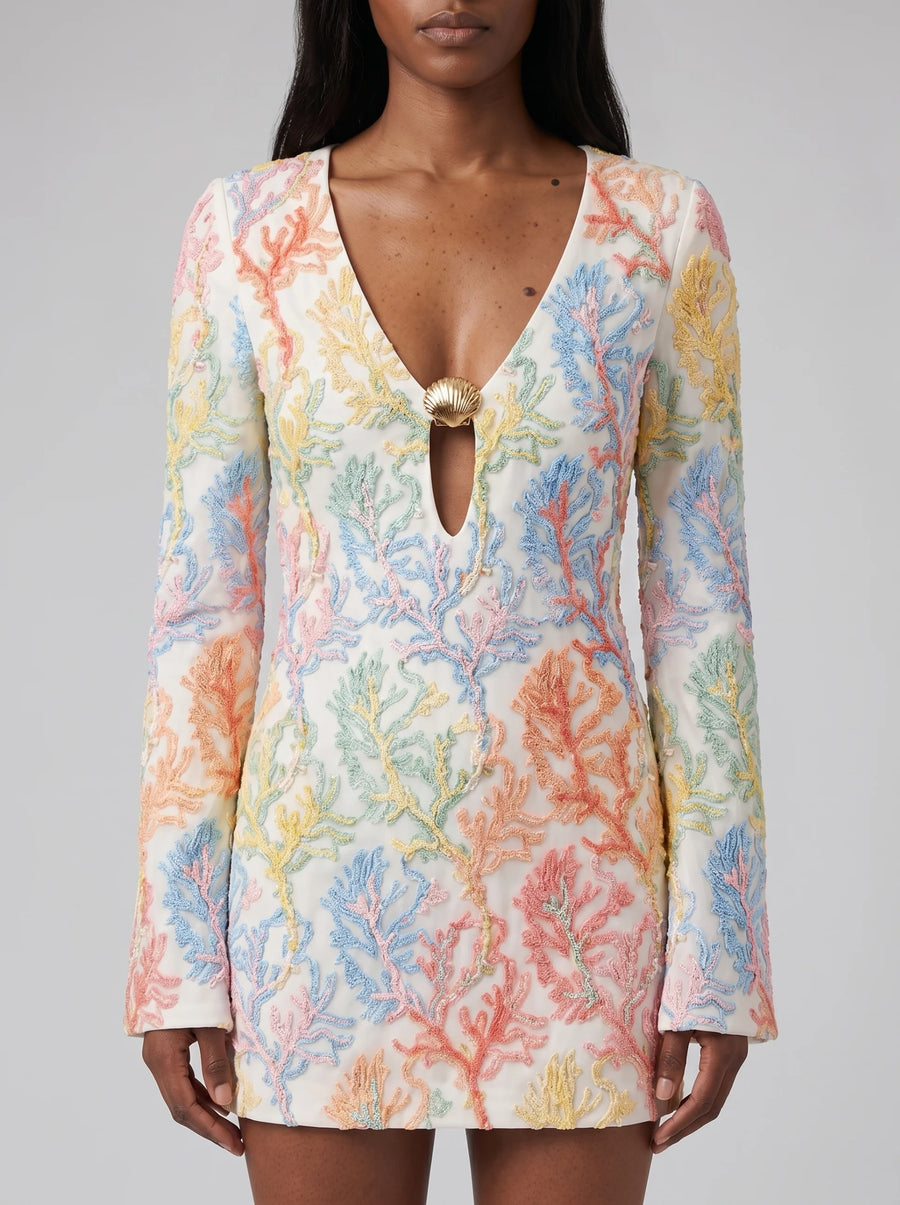 Serena Coral Colorful White Sleeve Hand Beaded Mini Dress