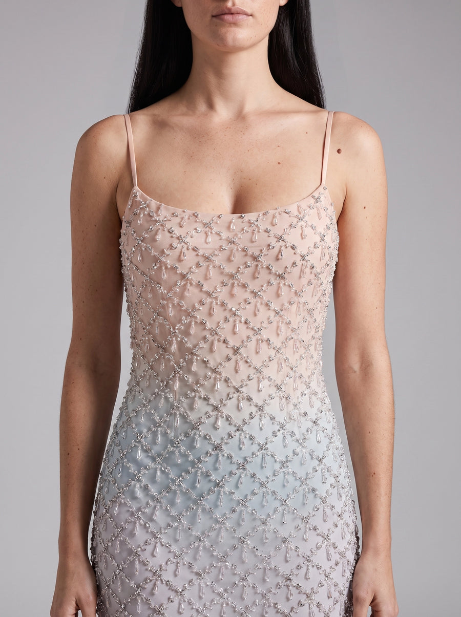 Calliope Luxury Hand Embroidered Crystal Pink Blue Ombre Maxi Party Dress