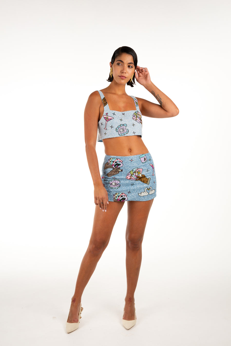 Vegas Beaded Mini Blue Party Beach Co-ord Skirt