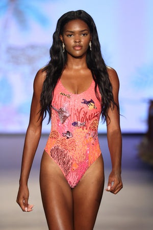 Pink Coastal Fish Beaded Swimsuit