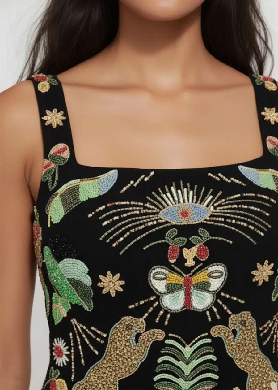 Aurelia Embroidered Luxury Mini Dress Black