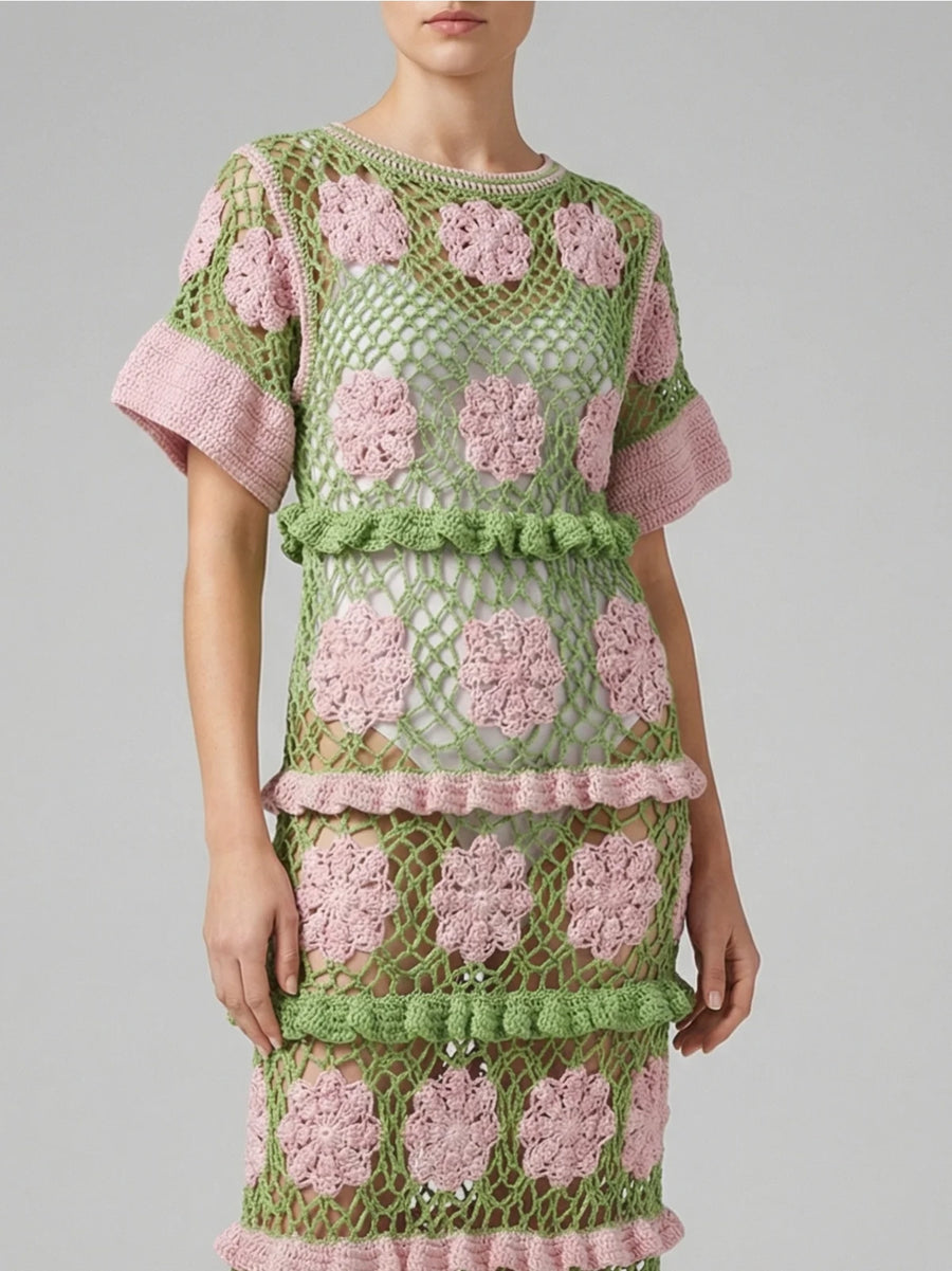 Shop Elle Crochet Green/Pink Dress - Oceanus XS Shop Elle Crochet Green/Pink Dress - Oceanus XS