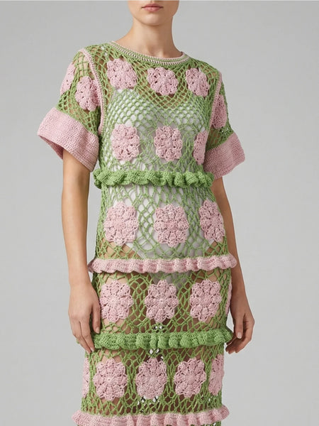green and pink crochet dress Elfie Crochet Halter Maxi Dress - Pastel Green