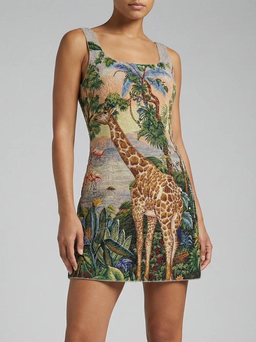 Jungle Giraffe Beaded Mini Dress