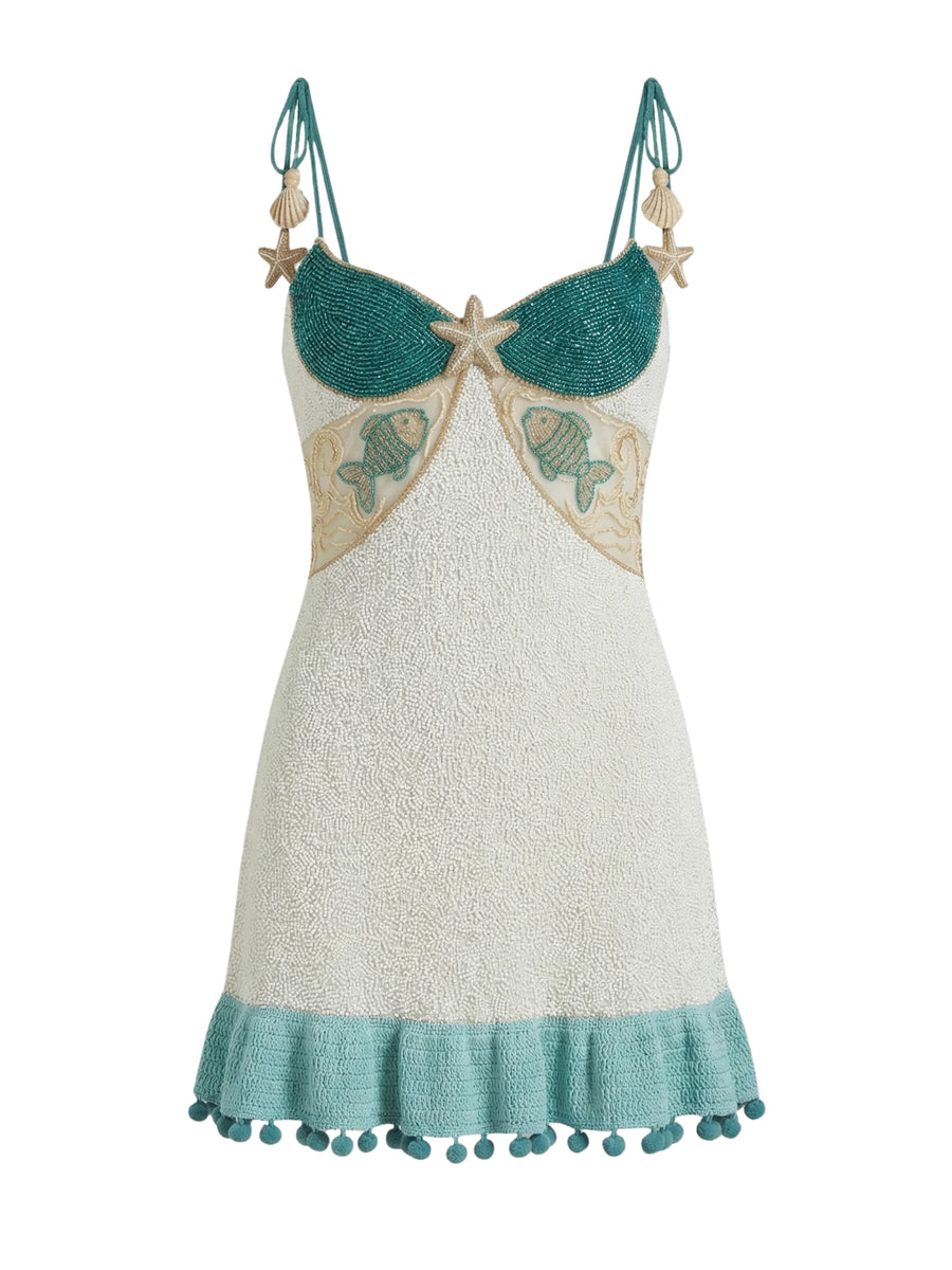 White Green Starfish Beaded Mini Dress