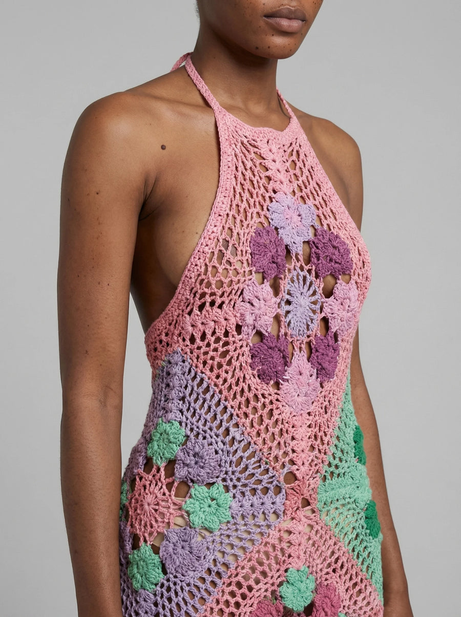 Rowan Halter Maxi Crochet Pink Dress
