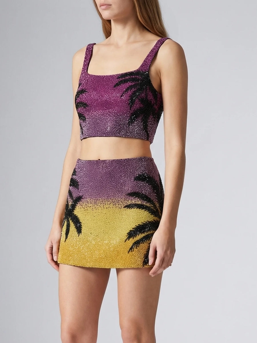 Palm Dusk beaded Mini Skirt black palm tree