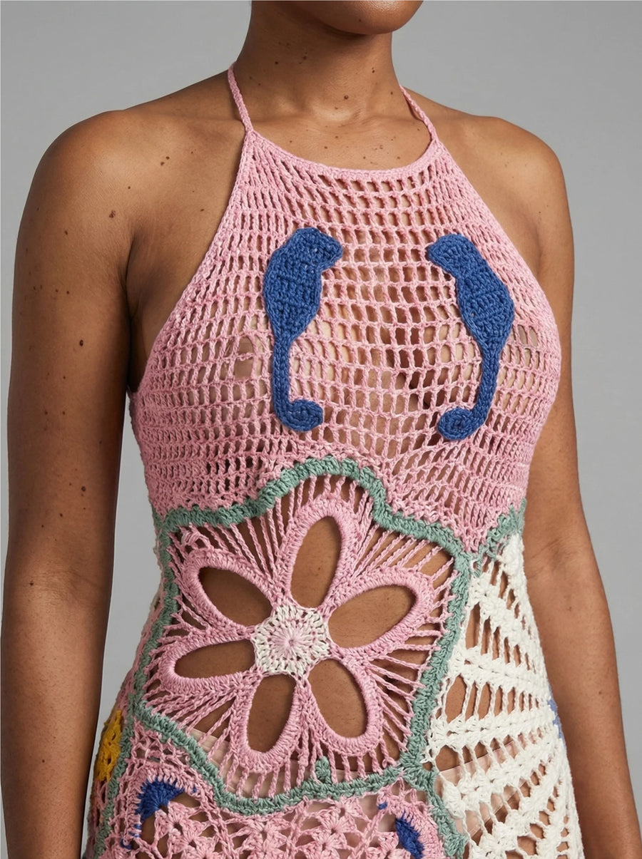 Pearl Halter Crochet Maxi Dress Multi Coloured
