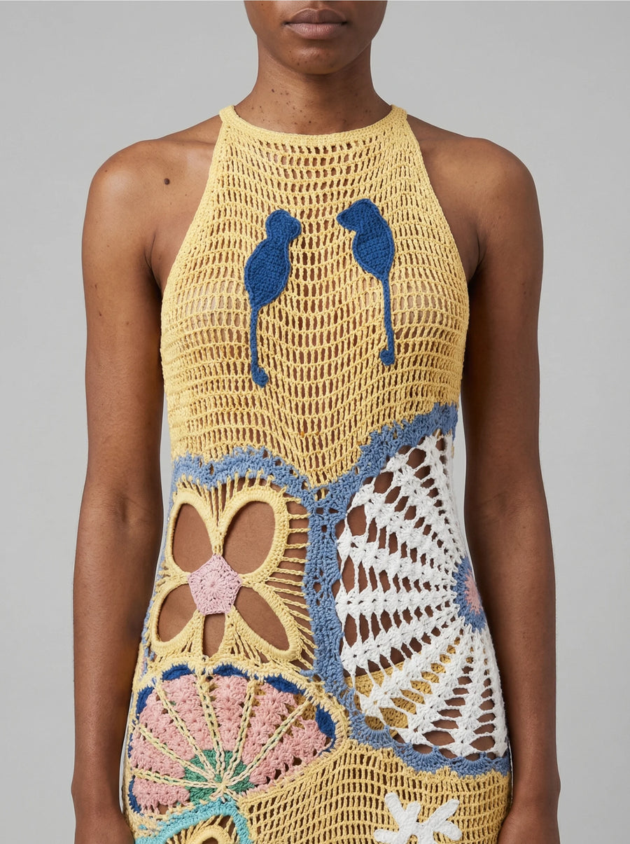 Pearl Halter Crochet Maxi Dress Multi Coloured