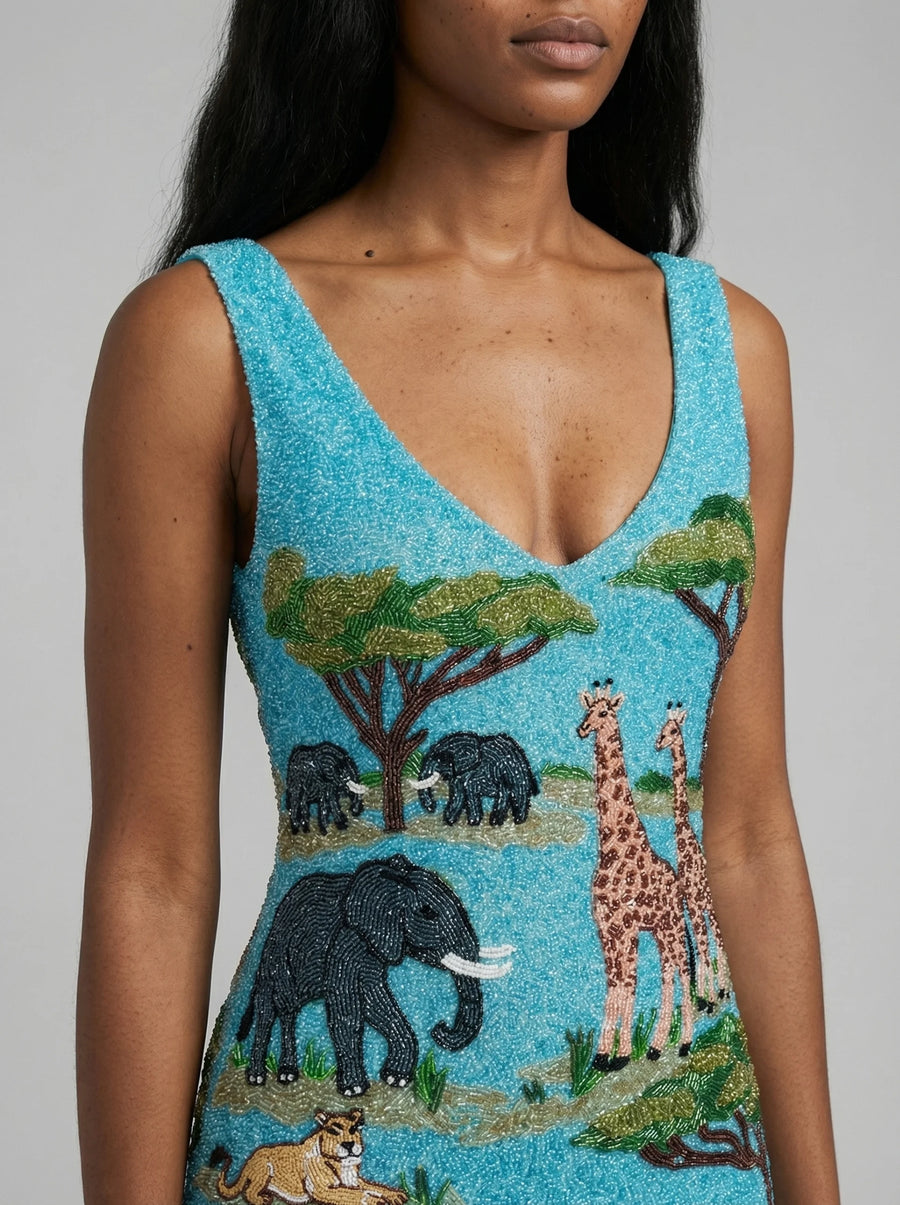 Aqua Savannah Safari Embellished Dress