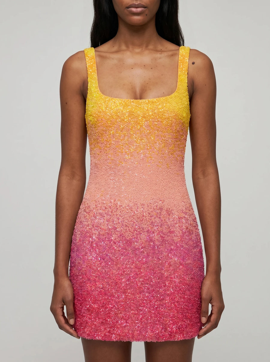 Sofia Hand Beaded Party Dress Orange Pink Ombre