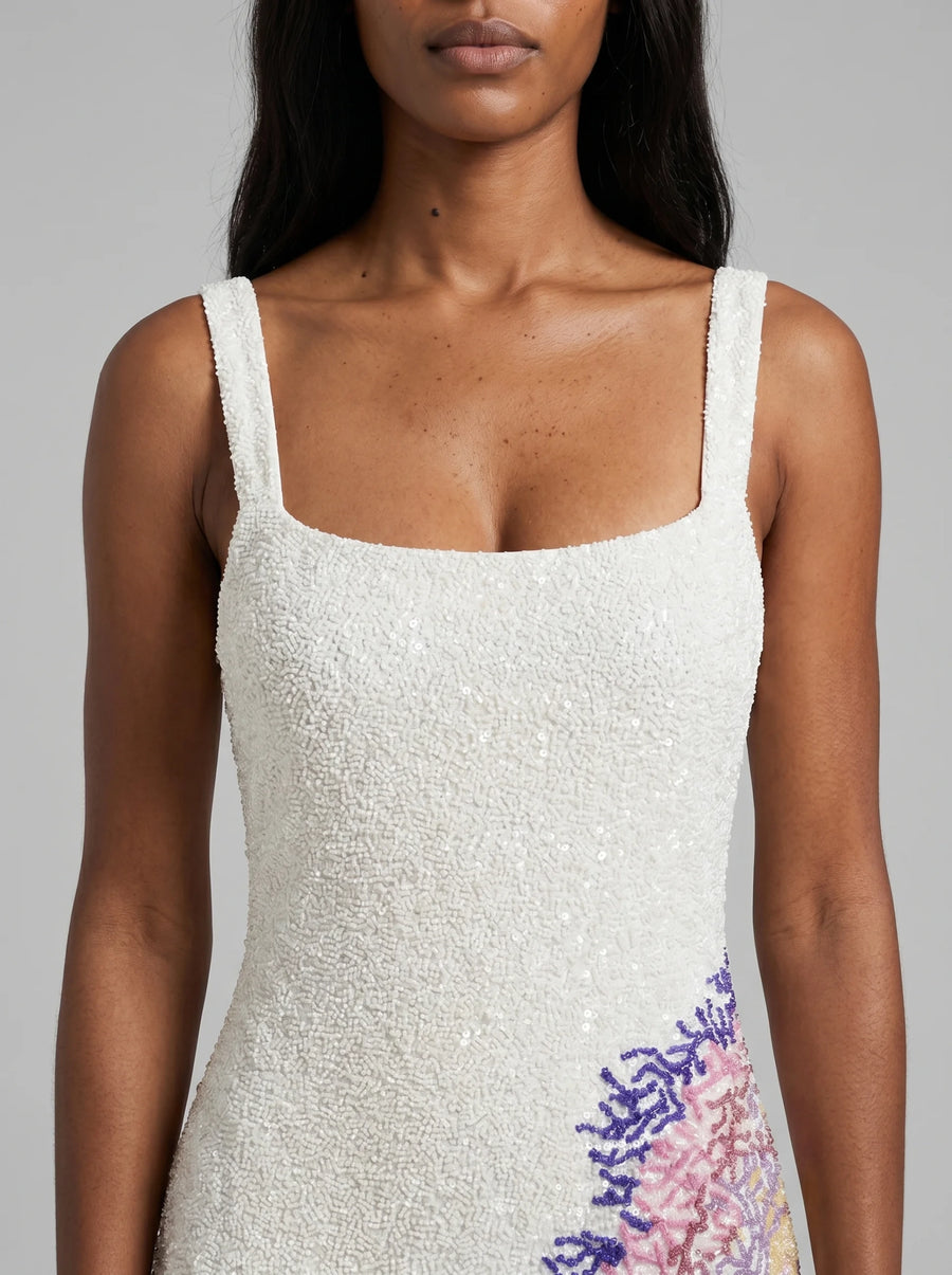 Adeline Coral Hand Beaded Mini Dress White