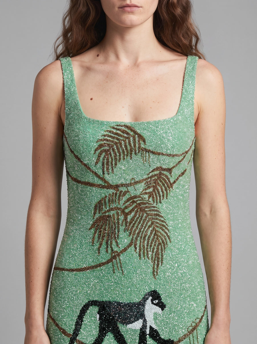 St. Barth Hand-Beaded Crystal Green Mini Dress