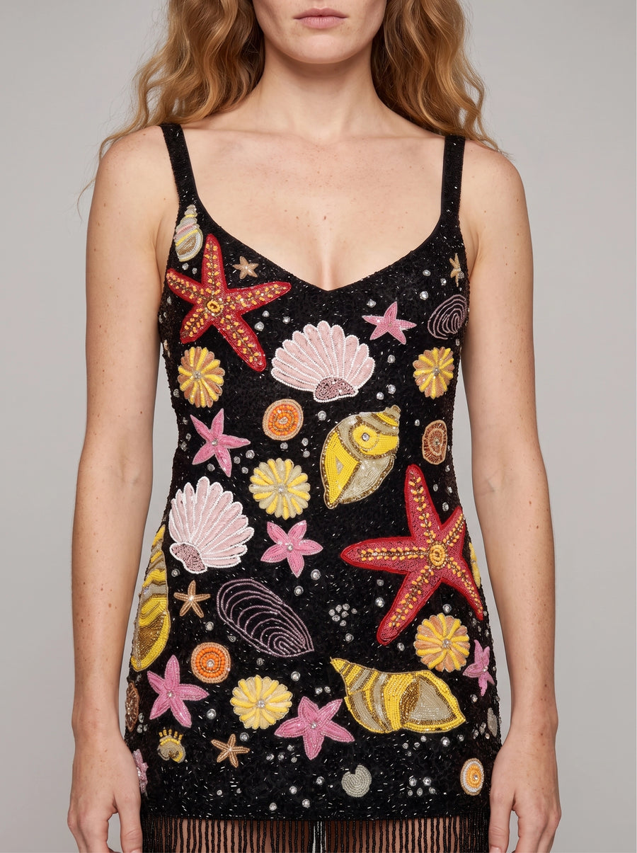 Siren Shores Black Tasseled Hand Beaded Mini Dress