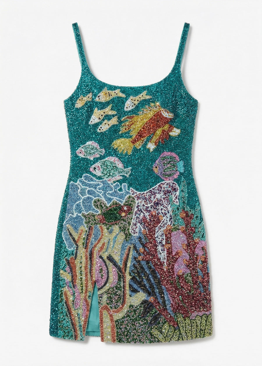 Decorative dress with sequin design featuring underwater scene on a white background