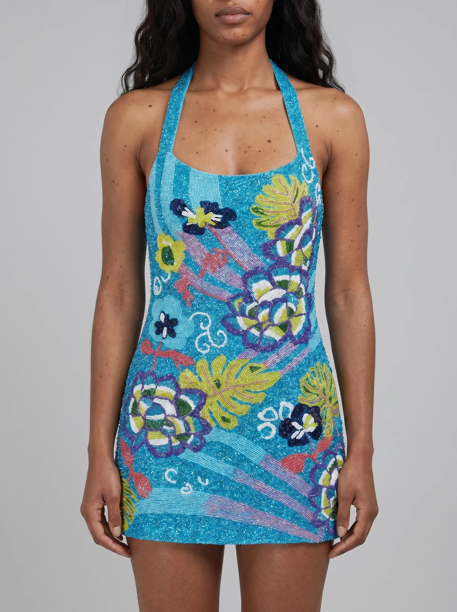 Flower and Monsterra Blue Mini Dress