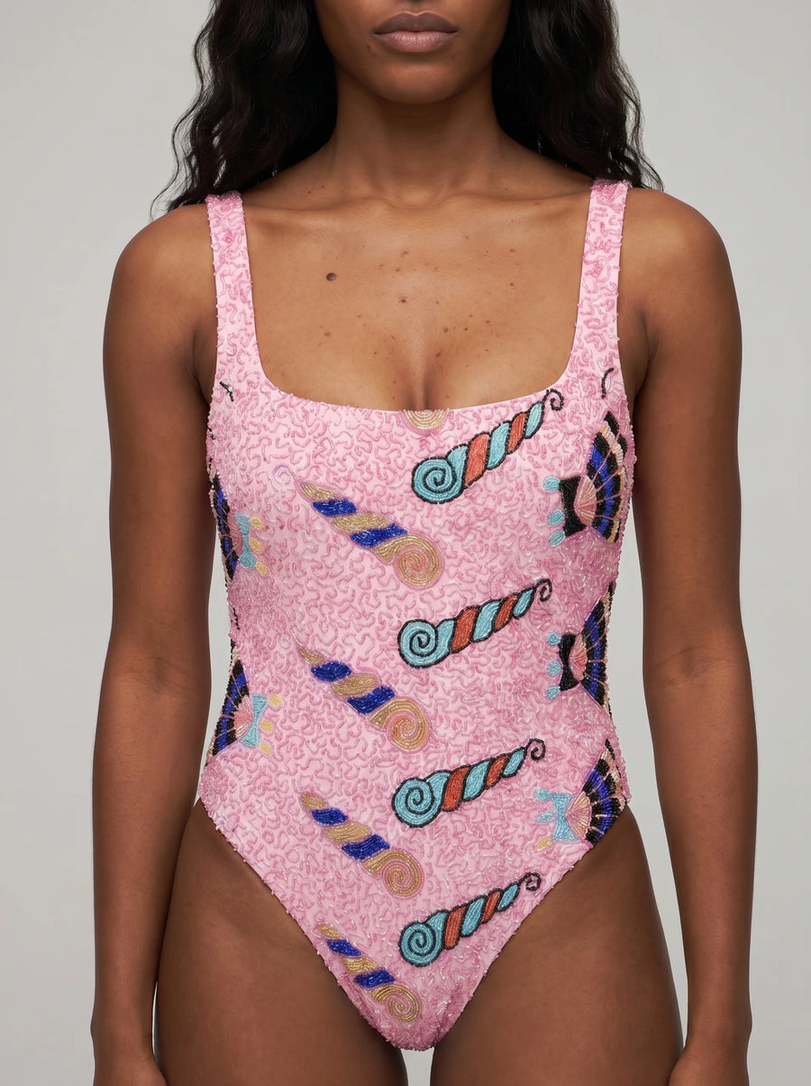 Oceanus x Zandra Rhodes Nebula Beaded Swimsuit Pink