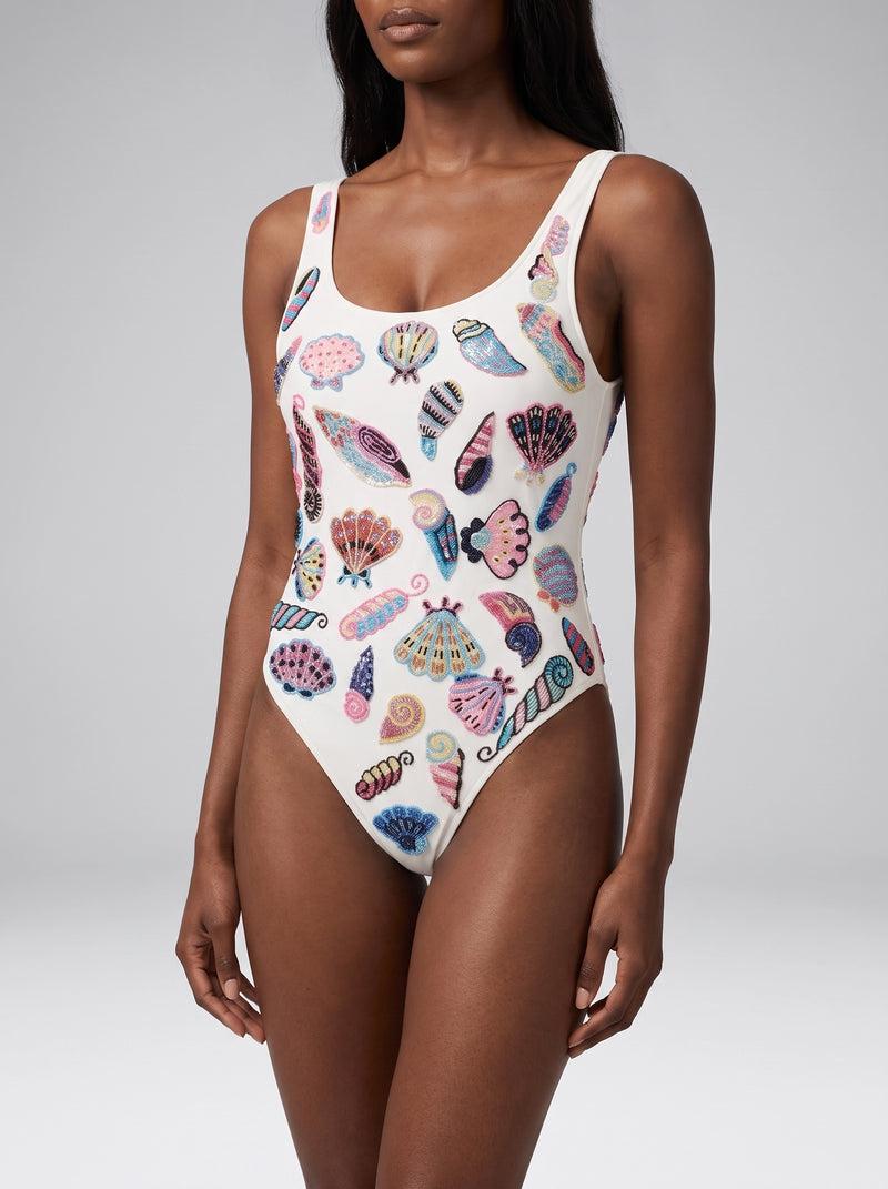 Oceanus x Zandra Rhodes Dreamshell Half Beaded White Swimsuit