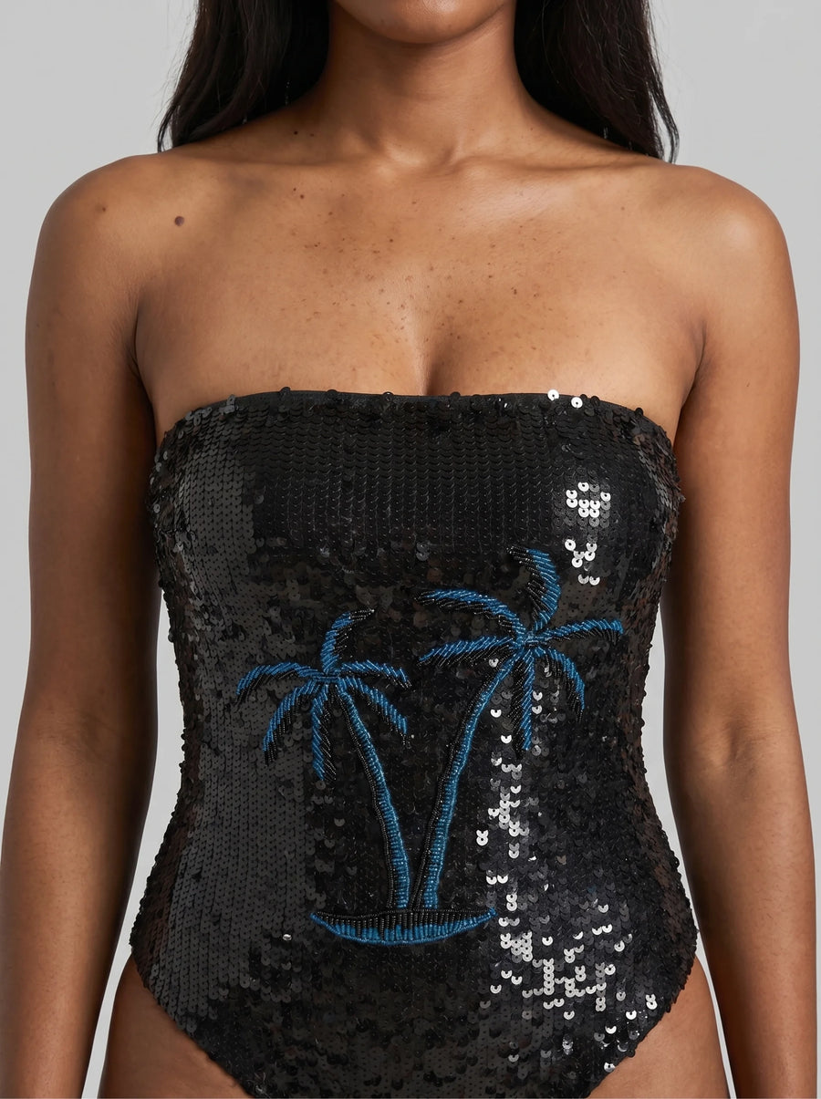 Chrissy Hand Embroidered Sequin Swimsuit Black