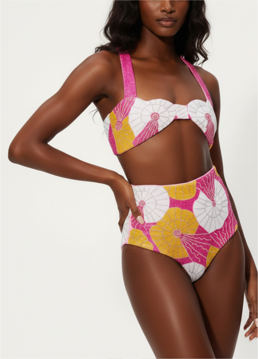 Oceanus x Zandra Rhodes Swirlshell Beaded Bikini Bottom Fuschia