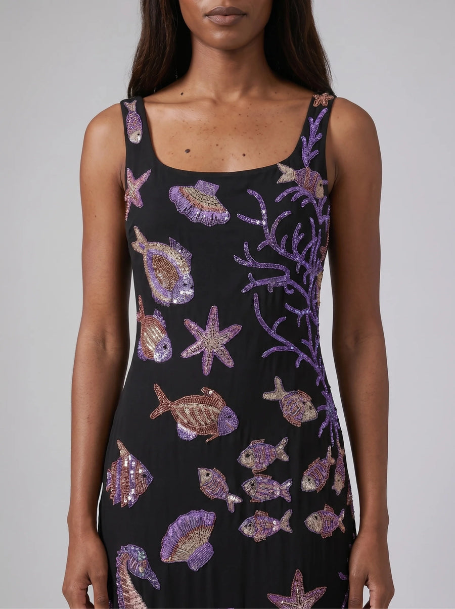 Coraline Black Purple Maxi Dress