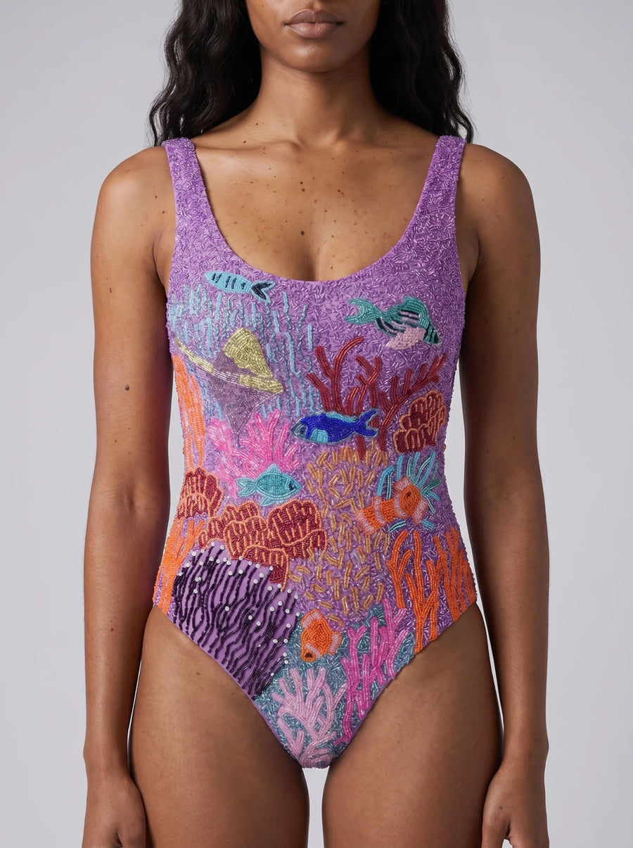 Coastal Fish Beaded Swimsuit