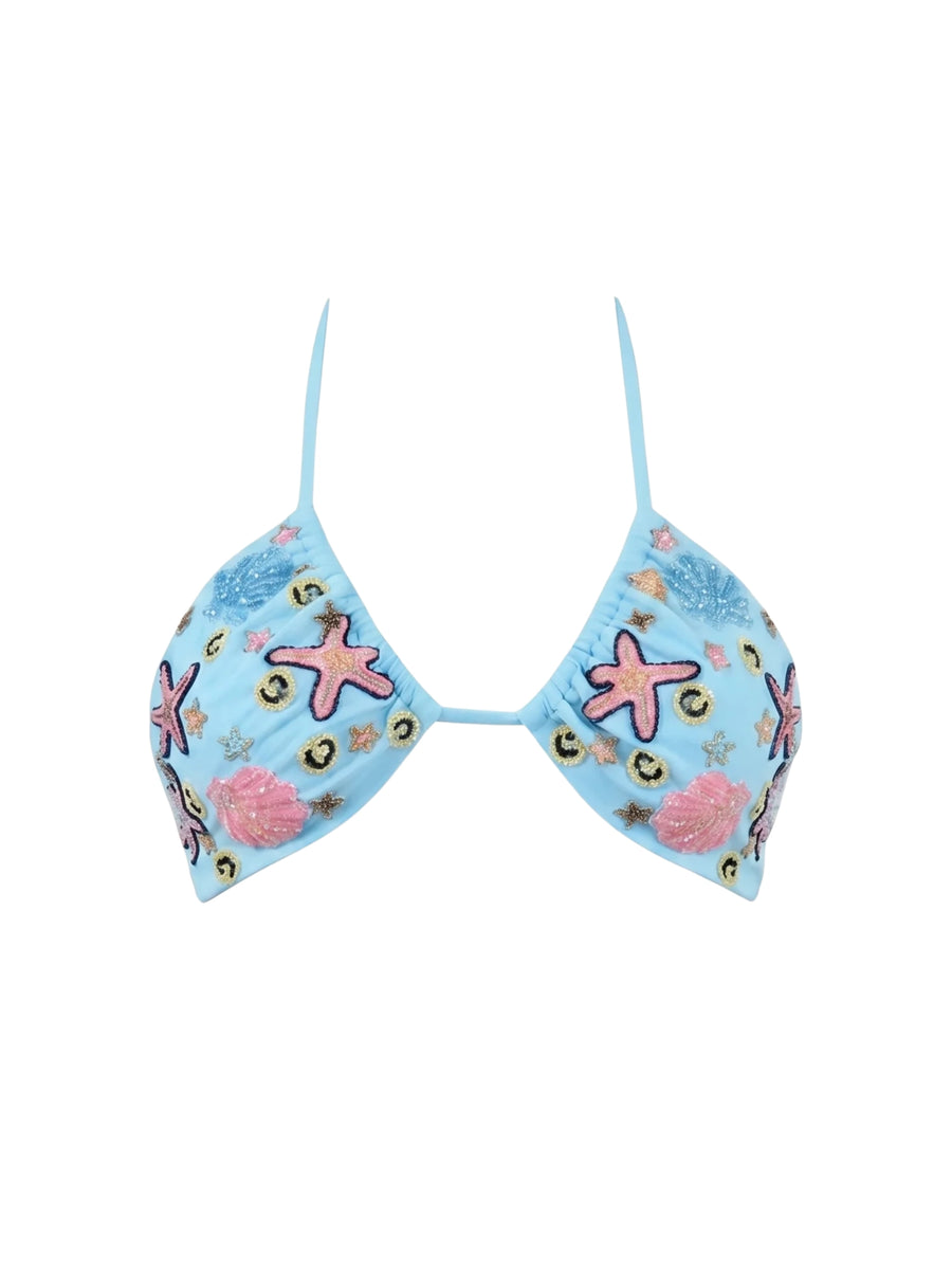 Fia Tropical Hand Embroidered Bikini Top Blue