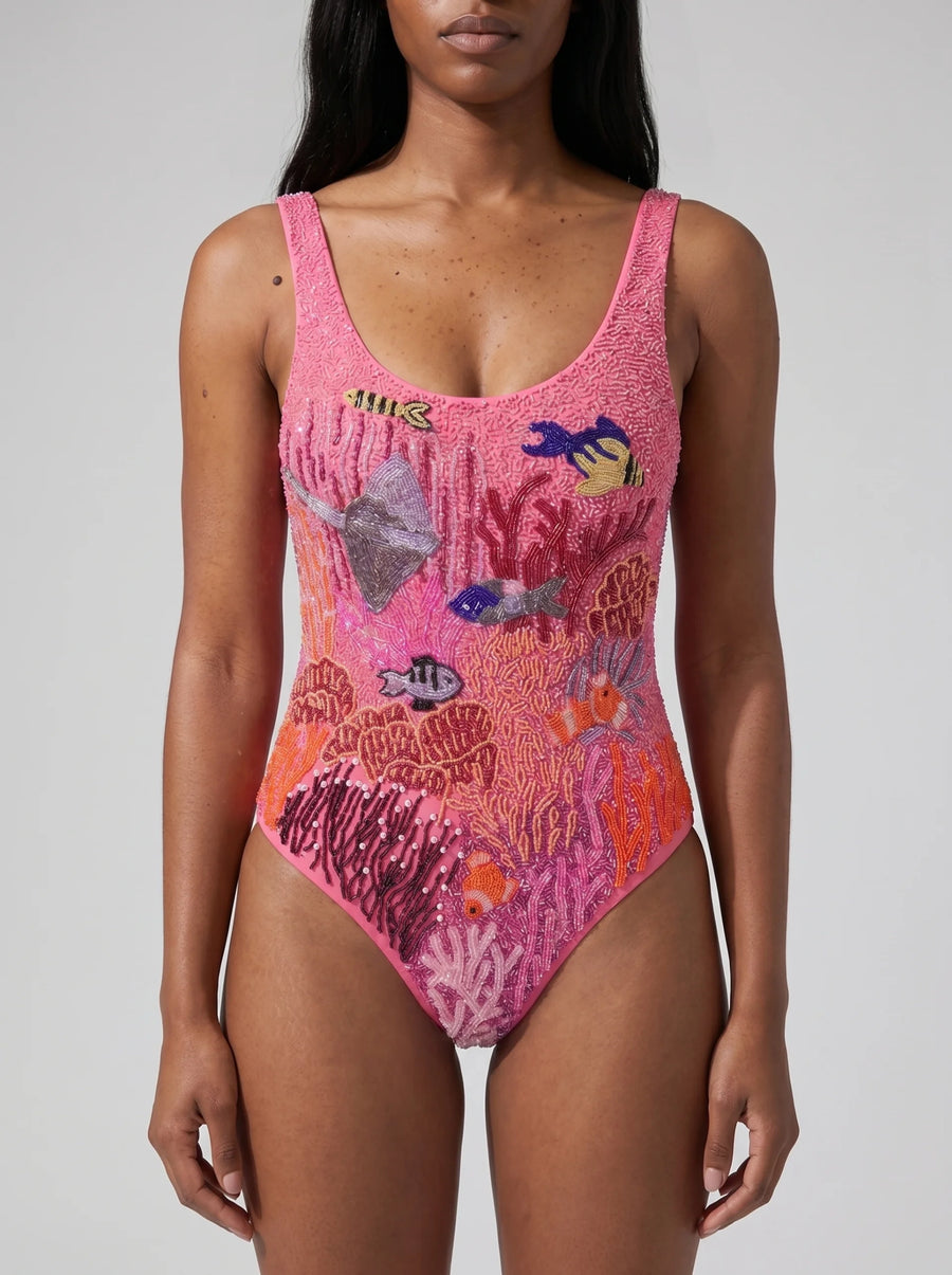 Coastal Fish Beaded Swimsuit