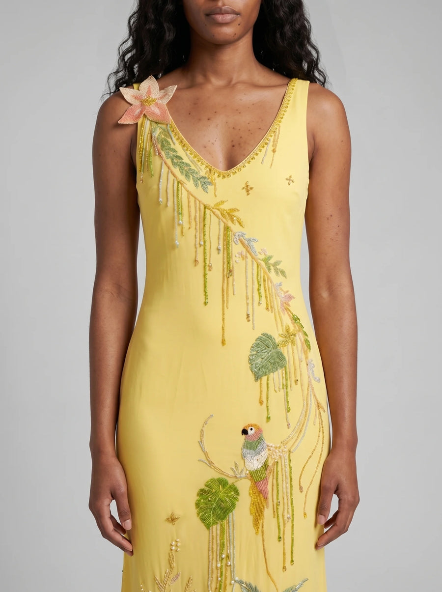 Tropical Flower Yellow Maxi Dress