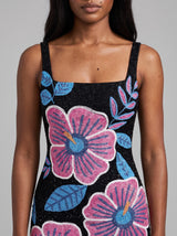 Royal Hibiscus Black Beaded Mini Dress