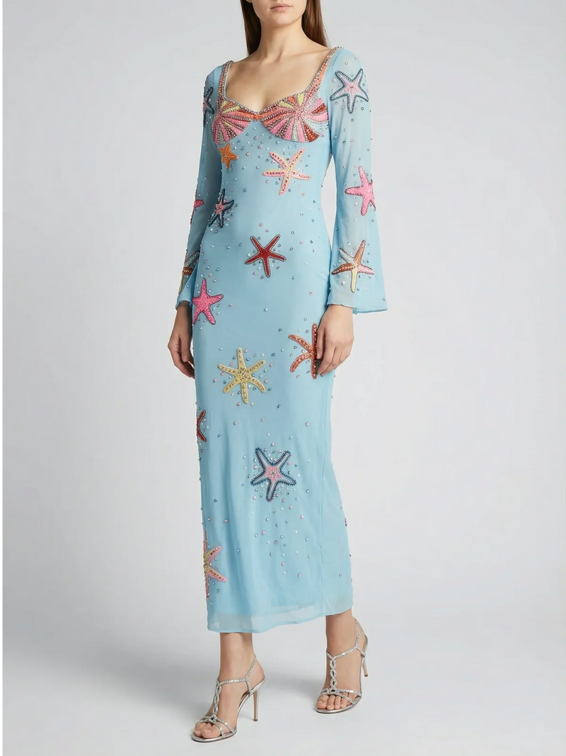 Crescent Shell Bell Sleeve Dress - Blue in Stock