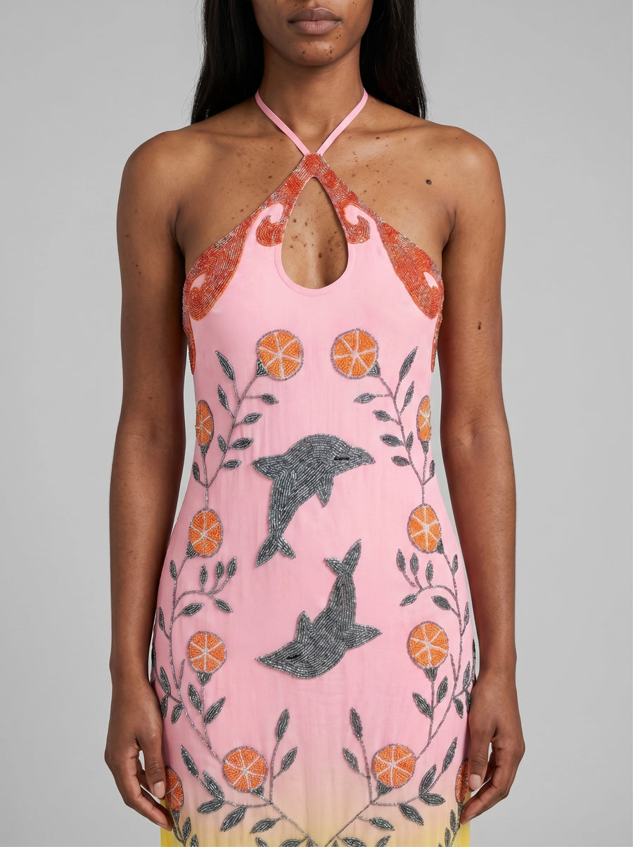 Dolphin Sunset Ombré Hand Beaded Maxi Dress